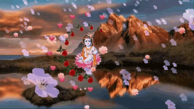 a painting of a woman sitting on a lotus flower in a lake