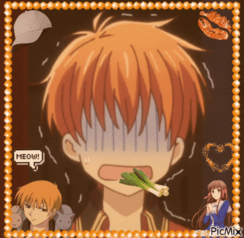 a picture of a boy eating a piece of green onions with a meow speech bubble behind him