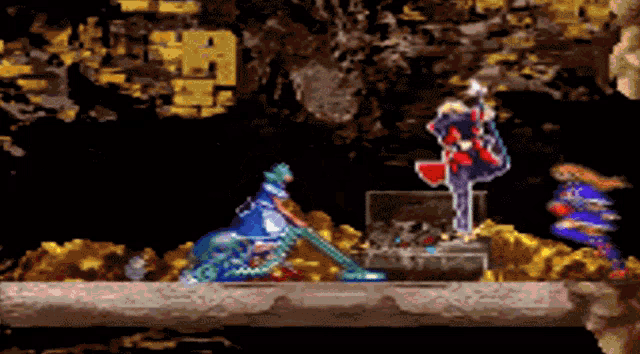 a video game scene with a man standing next to a chest