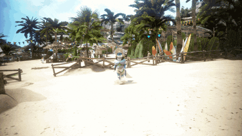 a cartoon character is standing on a sandy beach surrounded by palm trees