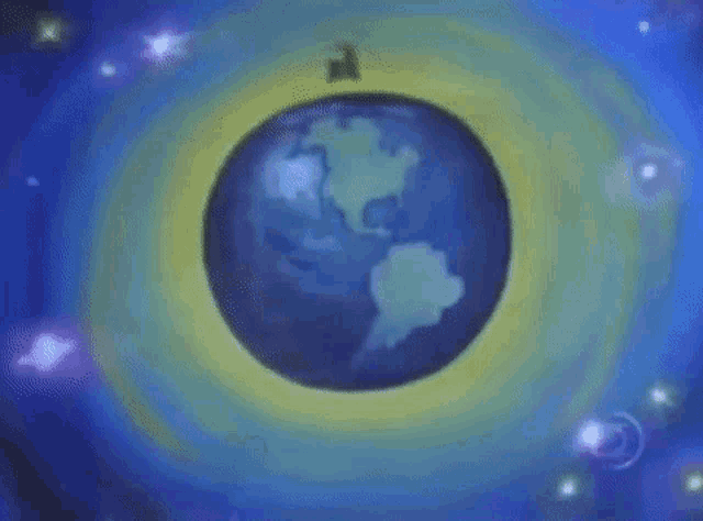 a cartoon drawing of a globe in the middle of a blue and yellow circle .