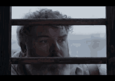 a man with a beard looks out of a window behind bars
