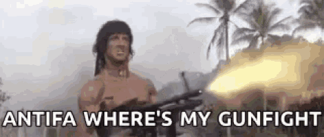 a man is holding a gun and says `` antifa where 's my gunfight '' while standing in a field .