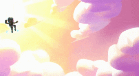 a cartoon character is flying through a cloudy sky with the sun shining through the clouds