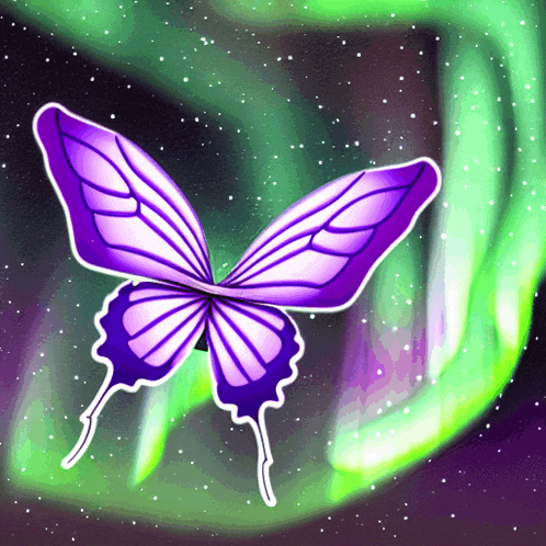 a purple butterfly is flying in front of a green aurora borealis