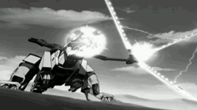 a black and white drawing of a robot with lightning behind it