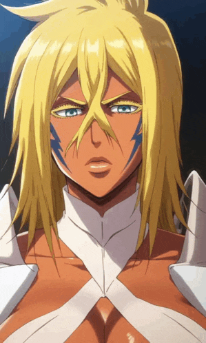 a close up of a cartoon character with blonde hair
