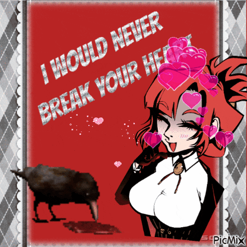 a picture of a girl with hearts on her head and the words " i would never break your heart " above her