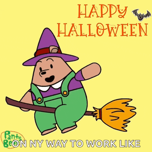 a cartoon bear wearing a witch costume is flying on a broom
