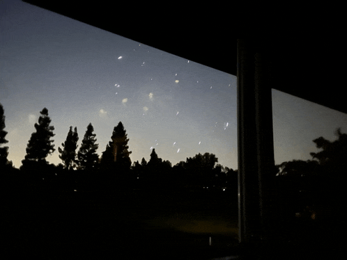a dark night sky with trees in the foreground and stars in the background