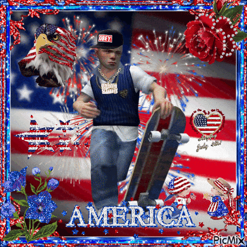 a picture of a man holding a skateboard with the word america in the corner