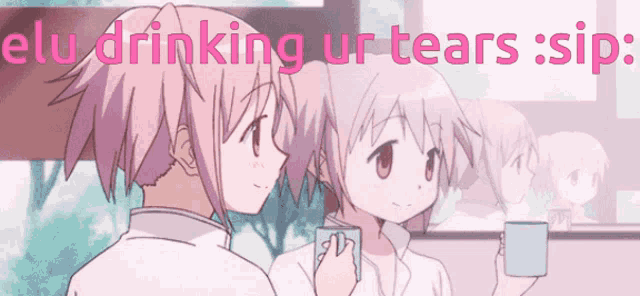 a cartoon of two girls drinking coffee with the words elu drinking ur tears sip