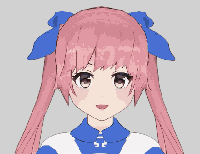 a girl with pink hair is wearing a blue and white shirt with the number 52 on the front