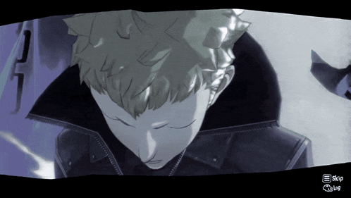 a screenshot of a video game shows a man with his eyes closed and the word skip below him