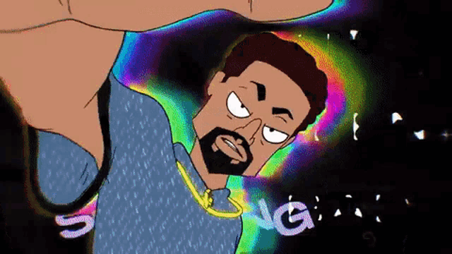 a cartoon of a man with a beard wearing a blue shirt and a gold chain