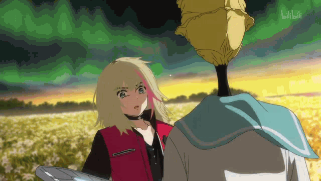 a girl in a red jacket is standing next to a man in a blue shirt with the number 7 on it