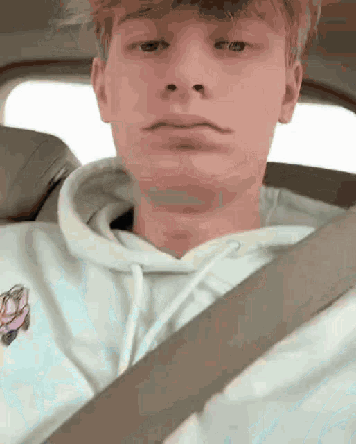a young man is sitting in the back seat of a car with a seat belt .