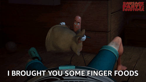 a poster for sausage party shows a sausage holding a bottle