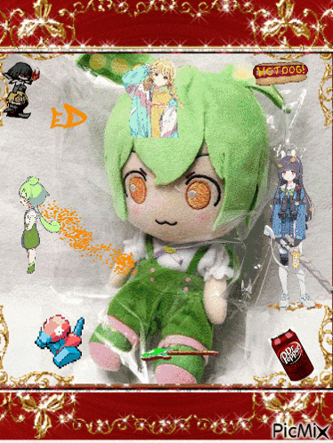 a picture of a stuffed doll with green hair and a can of popeye