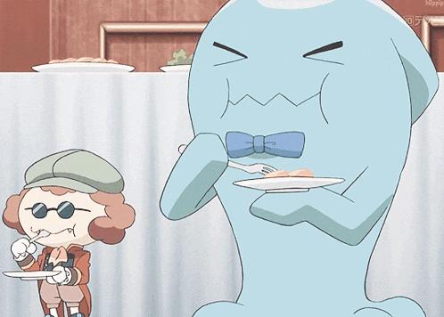 a cartoon character is eating something with a fork while another character looks on