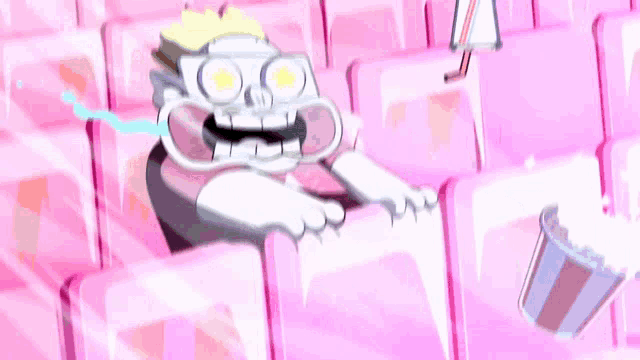 a cartoon character is sitting in a stadium with a bucket of popcorn and a drink