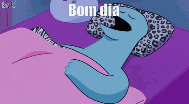 a cartoon character laying on a bed with the word bom dia written on the bottom