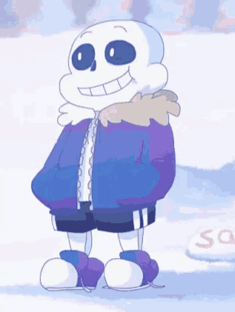 sans from undertale is standing in the snow wearing a blue jacket and purple pants .