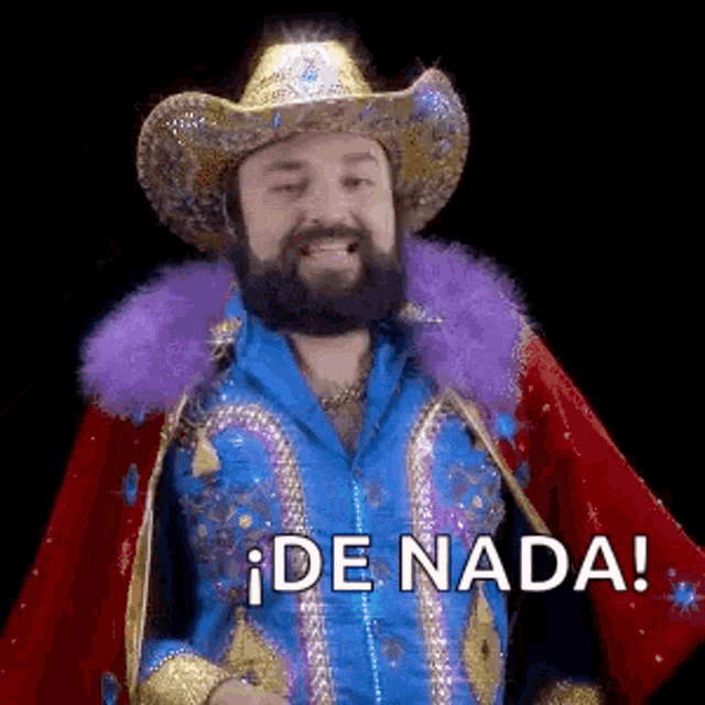a man with a beard and a cowboy hat is wearing a blue jacket and a purple feather boa .