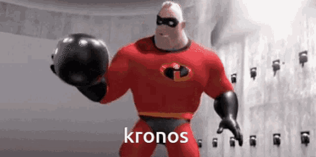 mr. incredible from the movie the incredibles is holding a black ball in his hand .