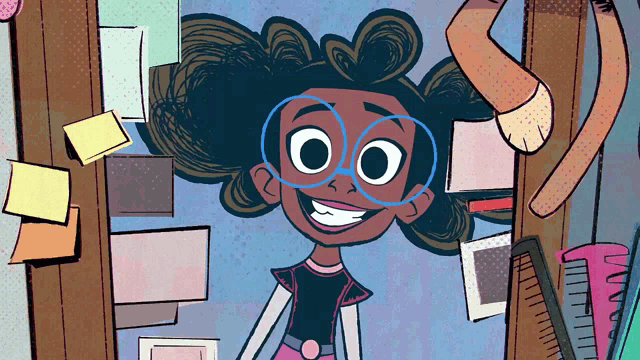 a cartoon drawing of a girl with glasses and a cat behind her