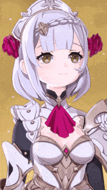 a close up of a anime character with a red bow tie