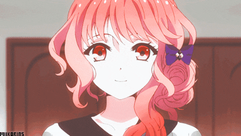 a girl with pink hair has a butterfly in her hair and the word murderids on the bottom right