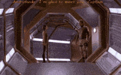 a man and a woman are standing in a hallway with the words " i 'm glad to meet you "