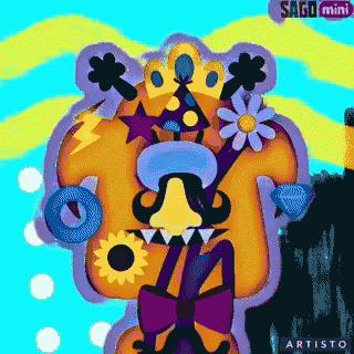 a colorful drawing of a cartoon character with the words sago mini on the bottom