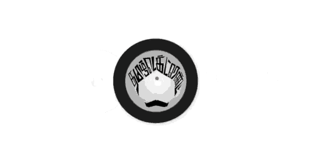 a black and white circle with a mustache and the words ' hungry ' on it