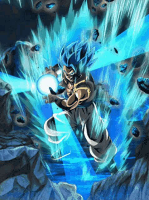 a cartoon character with blue hair is holding a ball in his hand