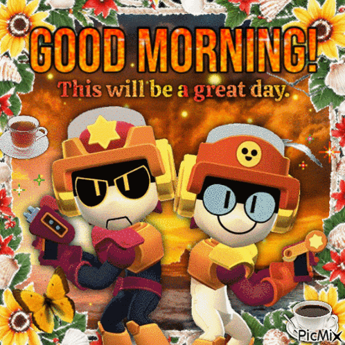 a good morning greeting card with two robots and flowers