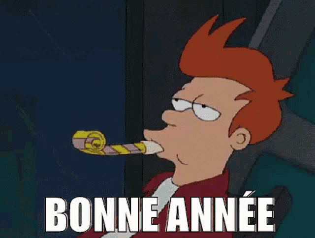 a cartoon character blowing a party horn with the words bonne annee written on it