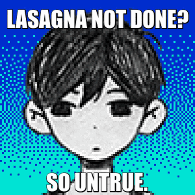 a pixel art of a boy with the words lasagna not done so untrue on the bottom