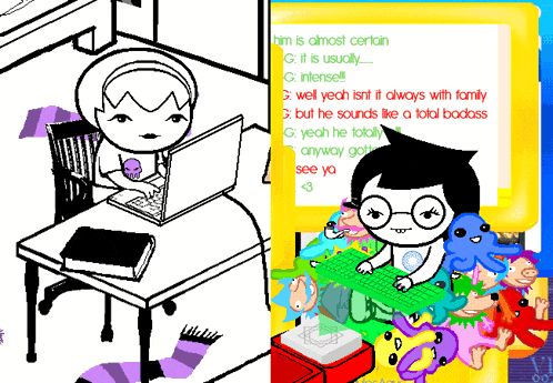 a cartoon drawing of a girl sitting at a desk with a laptop