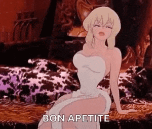 a cartoon woman in a white dress is sitting on a couch and says `` bon appetite '' .