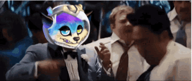 a man in a tuxedo with a cat mask on his head is surrounded by other men .
