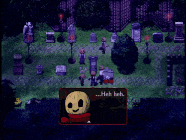a screenshot of a video game where a character says heh heh