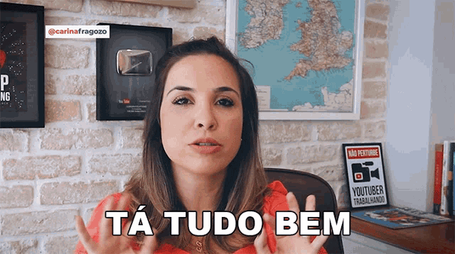 a woman is sitting in front of a brick wall and says ta tudo bem