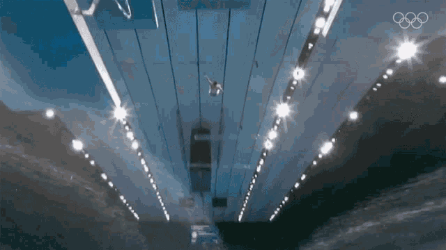 a person is diving into a swimming pool with the olympic rings on the ceiling
