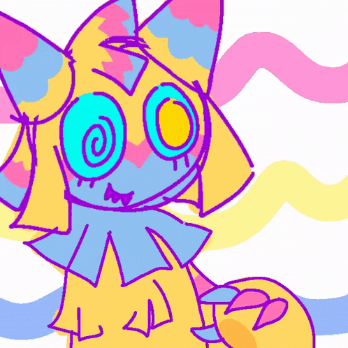 a colorful drawing of a clown with a swirl in his eyes
