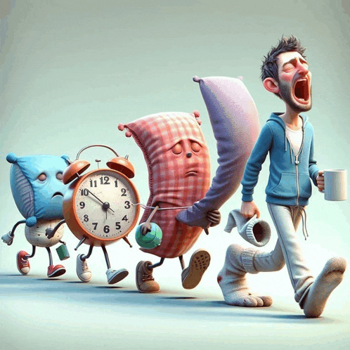 a cartoon drawing of an alarm clock a pillow and a man with a cup