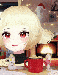 a cartoon girl is sitting in front of a fireplace with a red mug of hot chocolate
