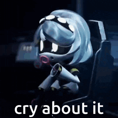 a cartoon character is sitting in a chair with a megaphone in his mouth and the words `` cry about it '' .