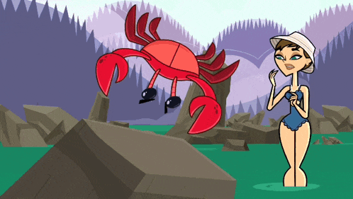 a woman in a bathing suit stands next to a red crab
